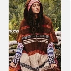 Free People Women's Sweater Leslie Oversized Hooded Canyon Combo Poncho NWT